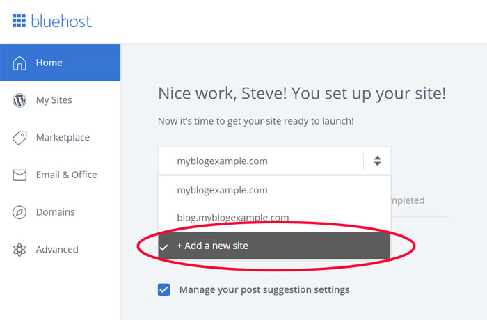 Bluehost Add Site