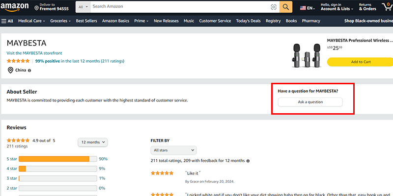 "Ask a question" button on seller page