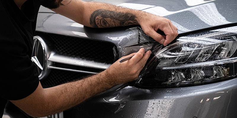A man wrapping a Mercedes car