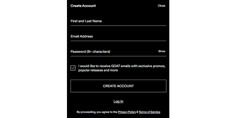 GOAT Create Account form
