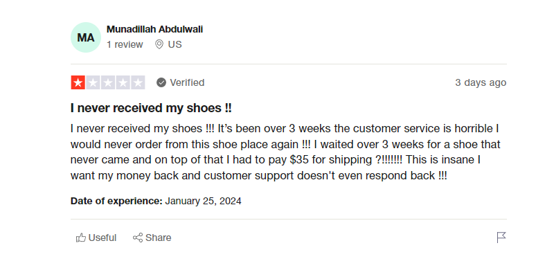 Kicks Crew shipping review  on Trustpilot