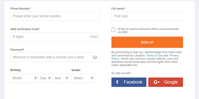 Lazada Malaysia SignUp page