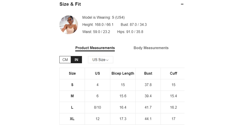 Shein product size