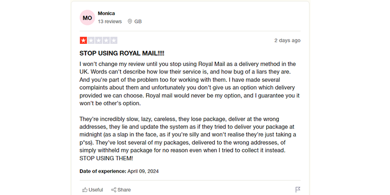 Shein Trustpilot review about delivery service