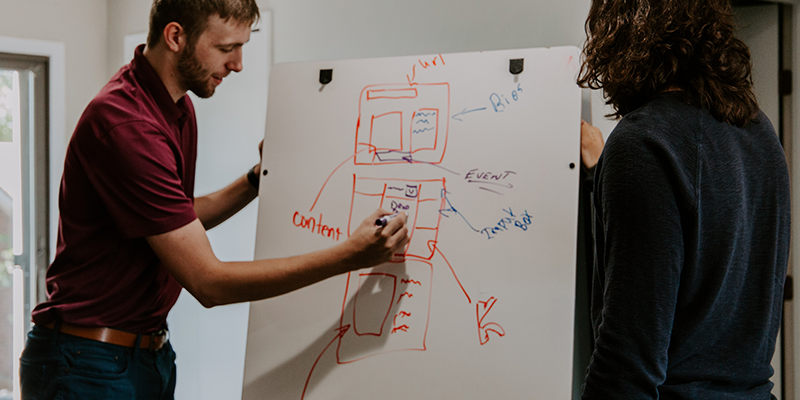 A teacher explaining a topic to a student on a white board